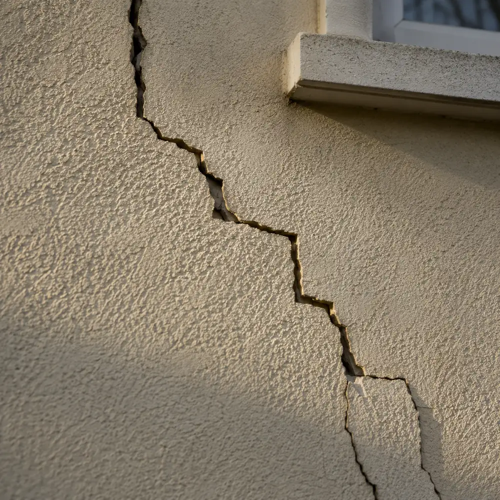 Fissure de sécheresse sur la façade d'une maison du Val-d'Oise