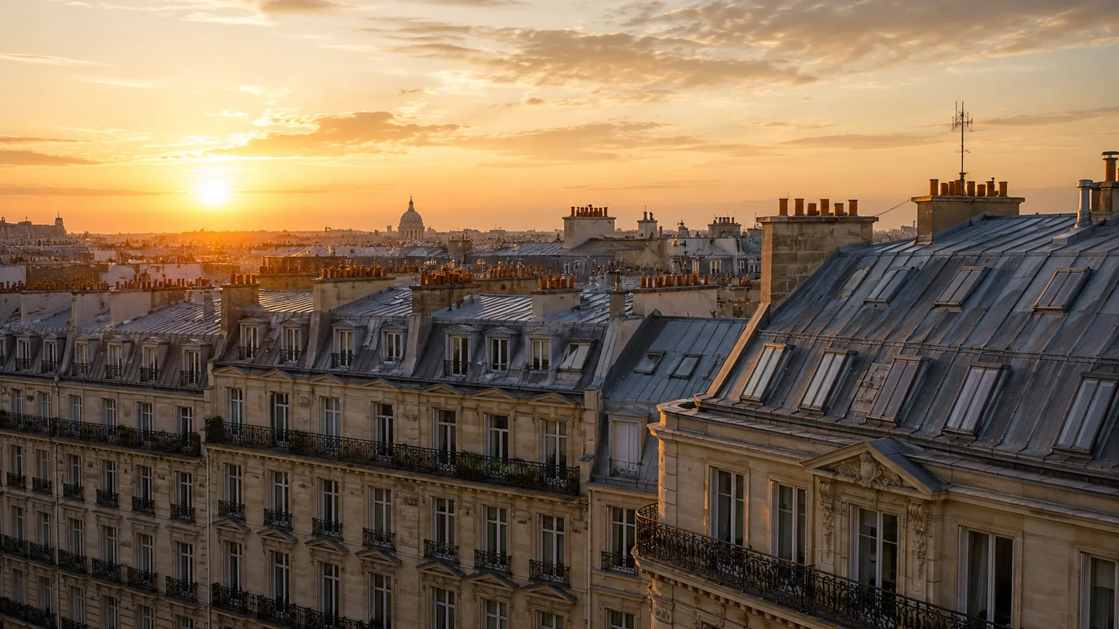 Toits de Paris et immeubles haussmanniens au coucher du soleil