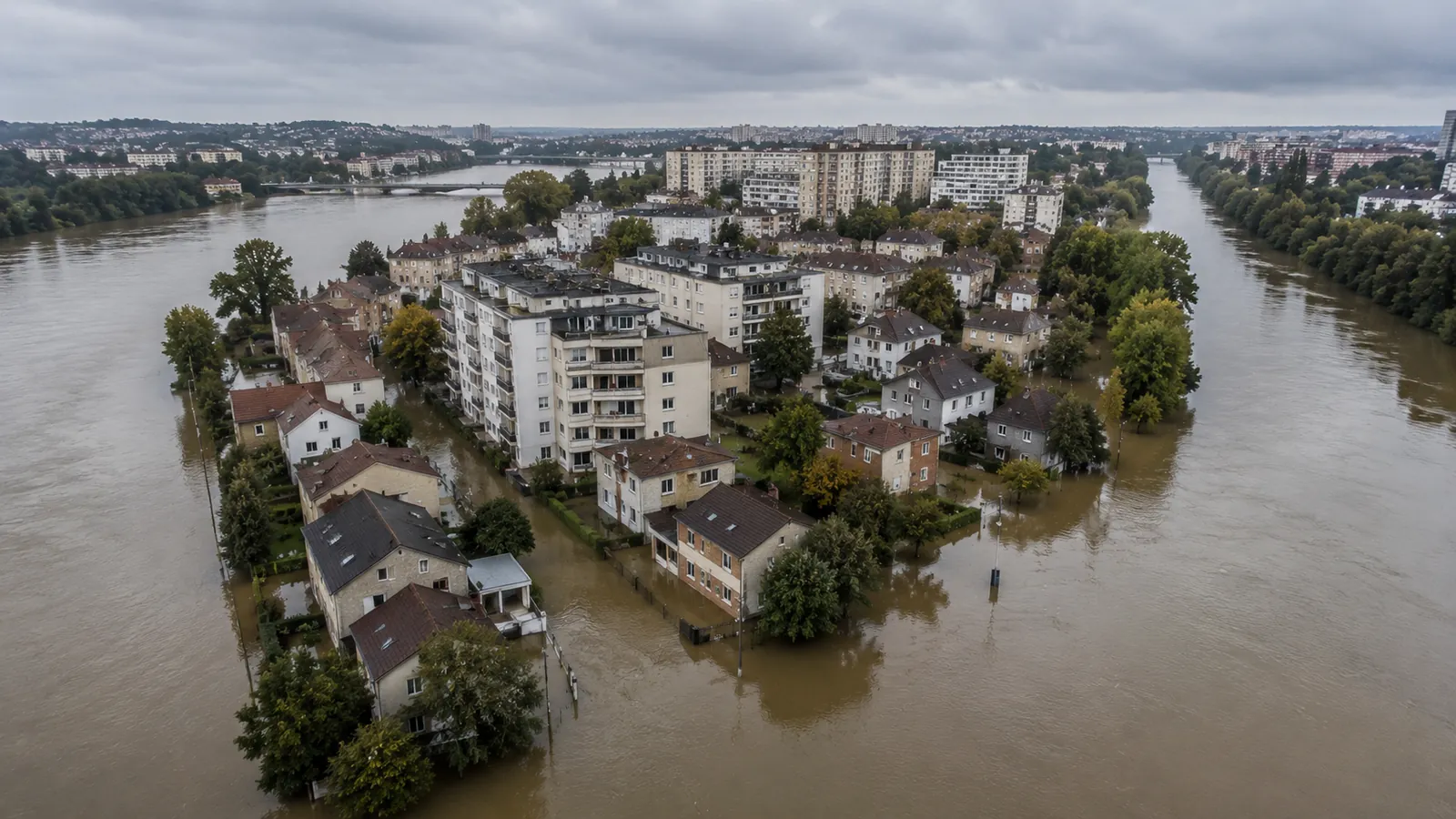Habitations inondées à la confluence de la Seine et de la Marne dans le Val-de-Marne