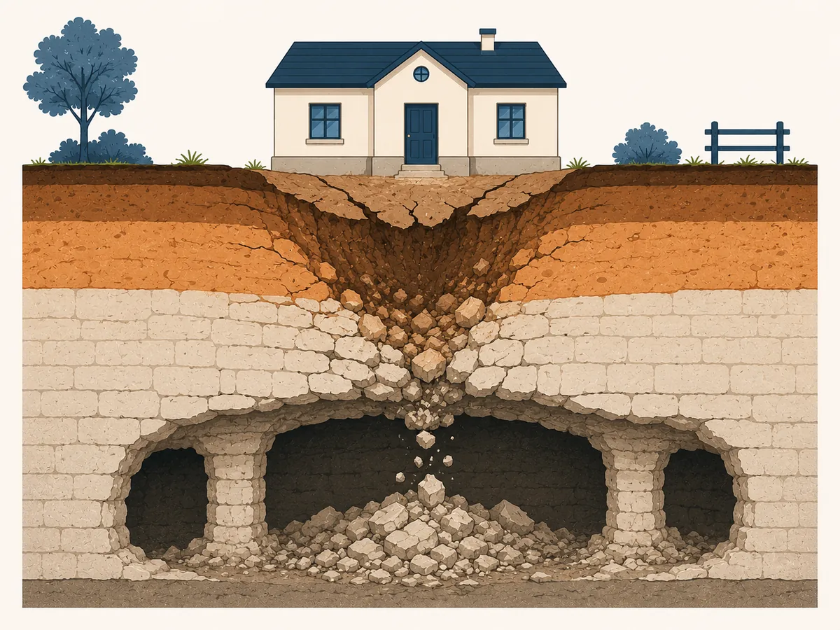 Schéma d'un fontis : effondrement d'une cavité de gypse sous une maison